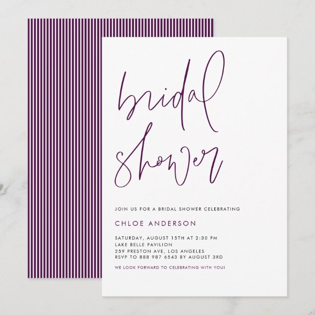 Purple Minimalist Handwritten Bridal Shower Invitation (Front/Back)