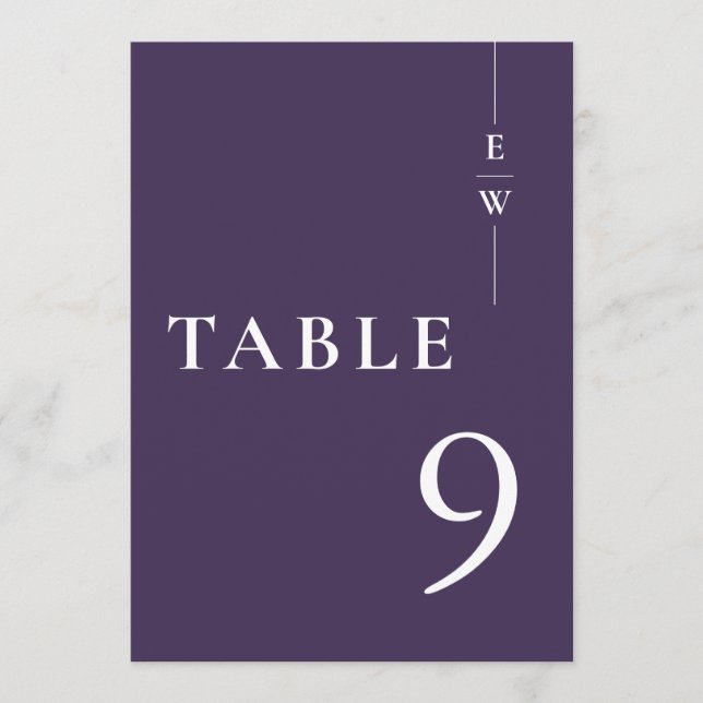 Purple Minimalist Modern Monogram Table Number (Front)