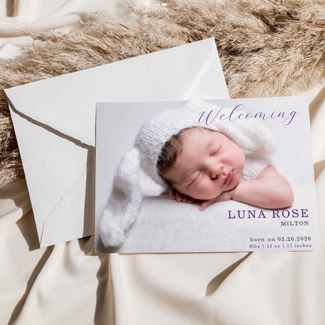 Purple Minimalist Photo Baby Announcement Card (Creator Uploaded)