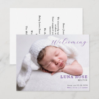 Purple Minimalist Photo Baby Announcement Card