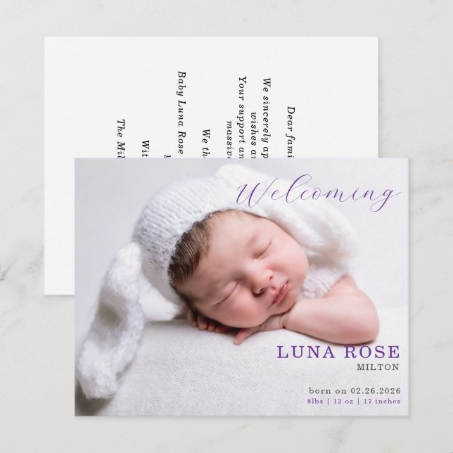 Purple Minimalist Photo Baby Announcement Card (Front/Back)