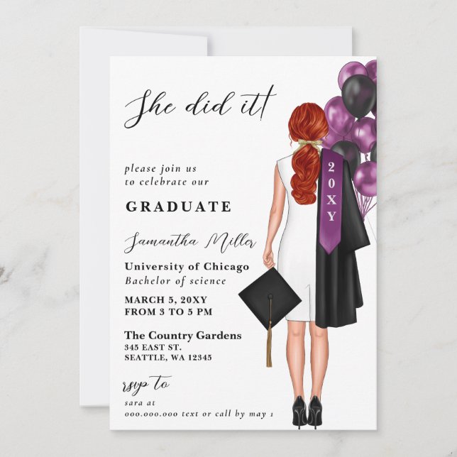 Purple Minimalist Photo She Did It Graduation Invitation (Front)