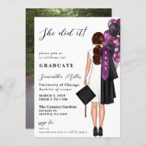 Purple Minimalist Photo She Did It Graduation  Invitation