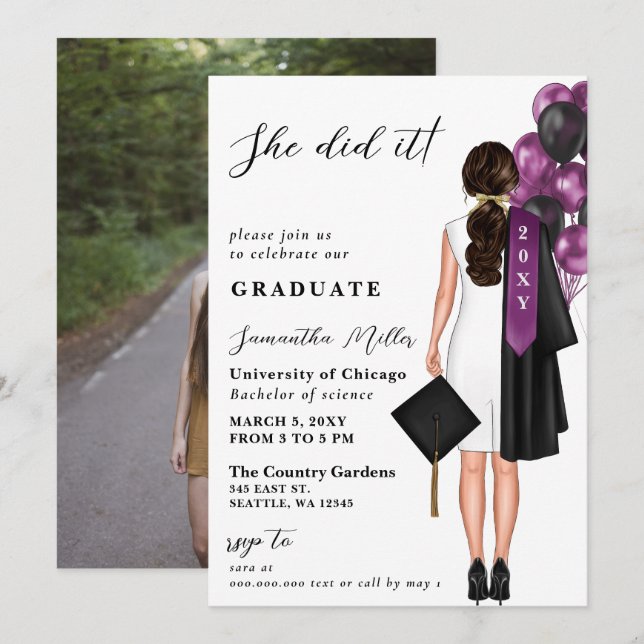 Purple Minimalist Photo She Did It Graduation Invitation (Front/Back)