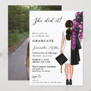 Purple Minimalist Photo She Did It Graduation Invitation