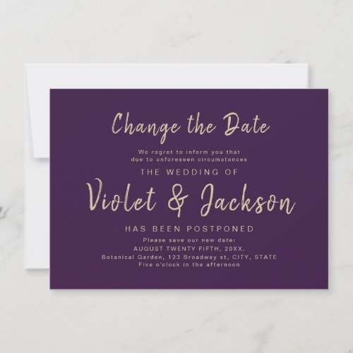 Purple minimalist script change the date wedding invitation