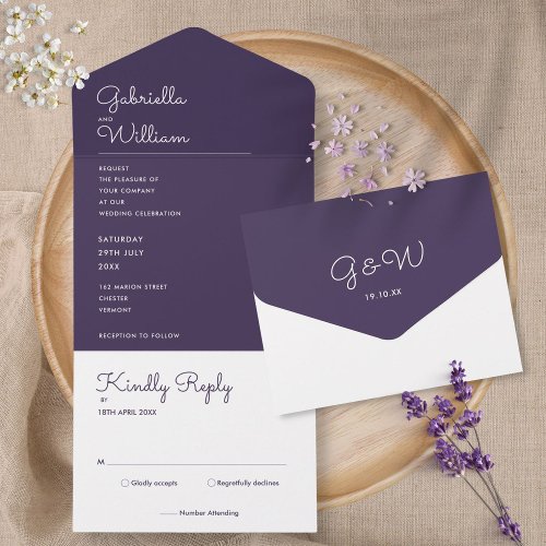 Purple Minimalist Script Monogram Wedding All In One Invitation