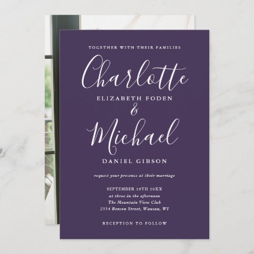 Purple Minimalist Script Photo Wedding Invitation
