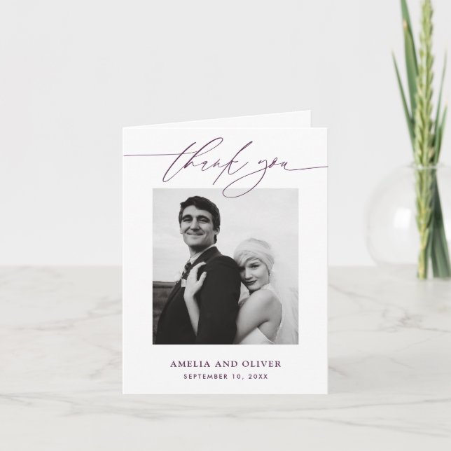 Purple Minimalist Script Photo Wedding Thank You Card (Front)