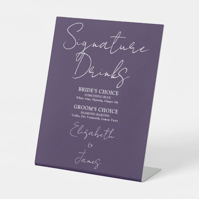Purple Minimalist Script Signature Drinks Pedestal Sign (Front)