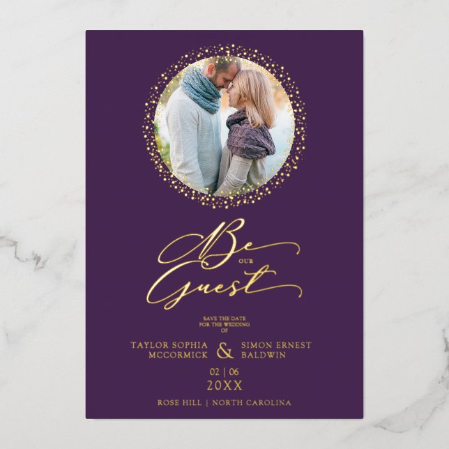 Purple Minimalist Wedding Fancy Round Photo Foil Invitation (Front)