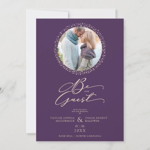 Purple Minimalist Wedding Fancy Round Photo Save The Date