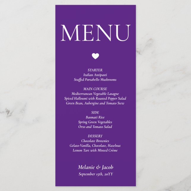 Purple Minimalist Wedding Menu Flat Card (Front)