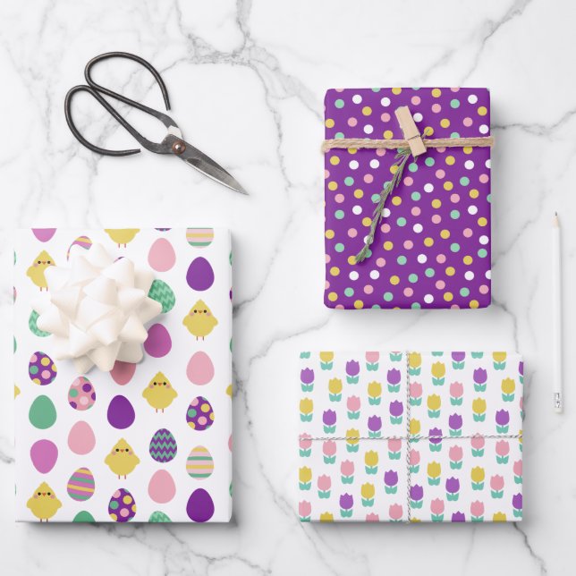 Purple Mint Chicken Eggs Tulips Easter Patterns Wrapping Paper Sheets (Front)