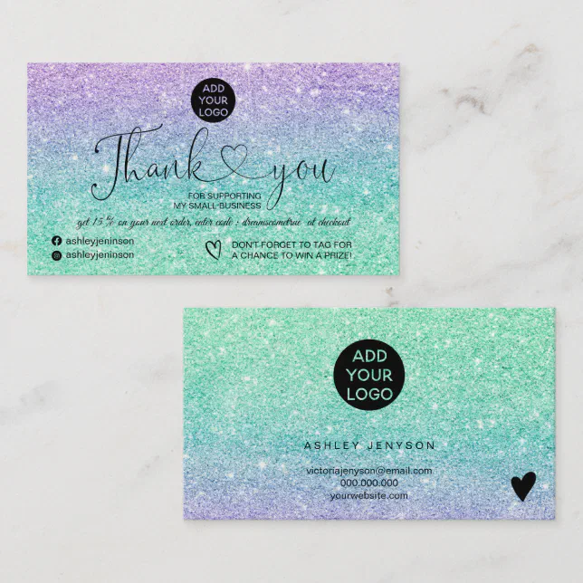 Purple mint glitter logo order thank you business card | Zazzle