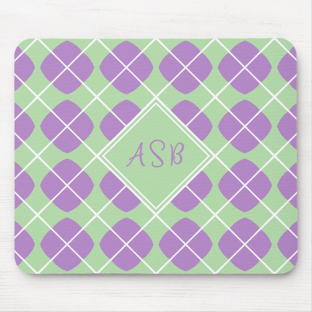 Purple Mint Green Argyle Modern Elegant Monogram Mouse Pad (Front)