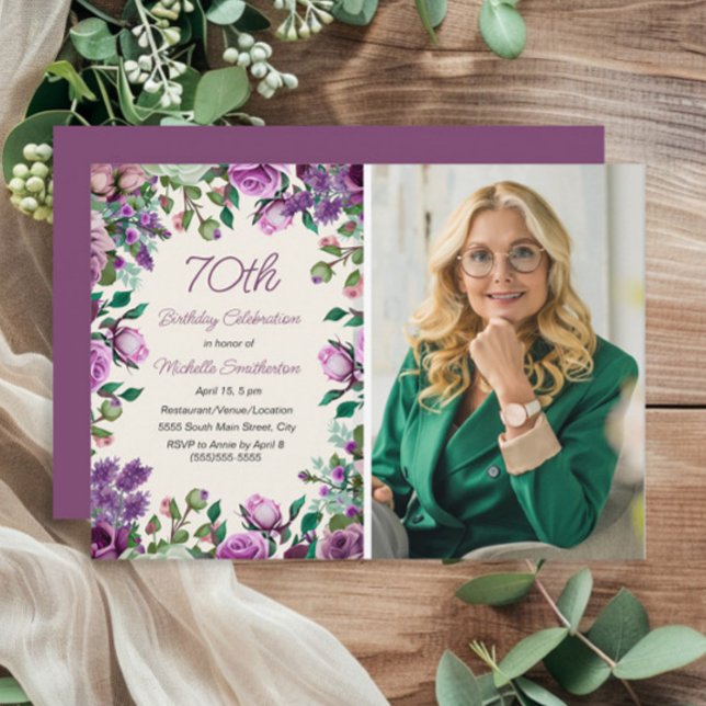 Purple Mint Green Floral 70th Birthday Photo  Invitation (Purple floral and mint green leaves 70th birthday photo invitation)