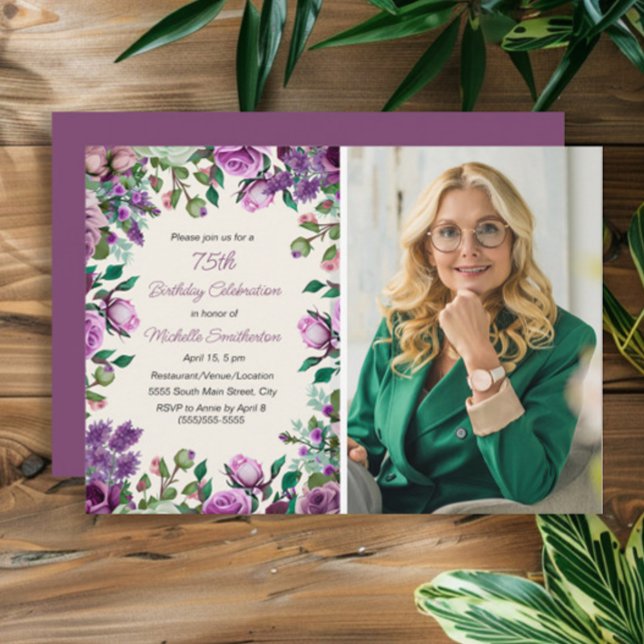 Purple Mint Green Floral 75th Birthday Photo  Invitation (Purple watercolor floral and green leaves women's 75th birthday party photo invitation)