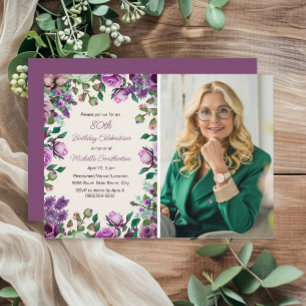 Purple Mint Green Floral 80th Birthday Photo Invitation