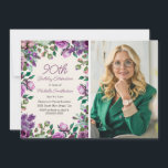 Purple Mint Green Floral 90th Birthday Photo  Invitation<br><div class="desc">Mark a remarkable milestone with this elegant purple floral photo birthday invitation. Designed with a frame of watercolor roses, lilacs, and greenery, the layout showcases the celebration details on one side and a personalized photo of the guest of honor on the other. Perfect for honoring a 90th birthday, this design...</div>
