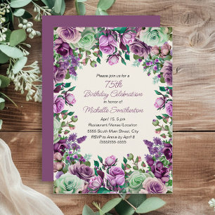Purple Mint Green Watercolor Floral 75th Birthday Invitation