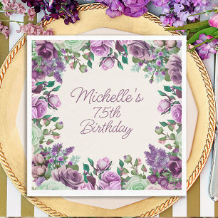 Purple Mint Green Watercolor Floral 75th Birthday Napkins
