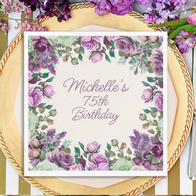 Purple Mint Green Watercolor Floral 75th Birthday Napkins (Purple floral birthday party paper napkins)