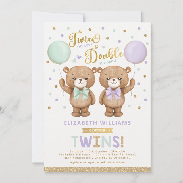 Purple Mint Teddy Bear Balloon Twin Baby Shower Invitation (Front)