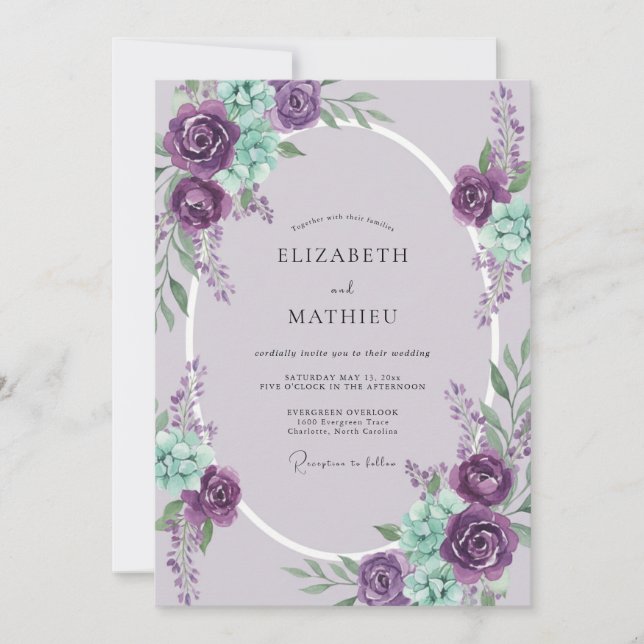 Purple Mint Wreath Wedding Invitation (Front)