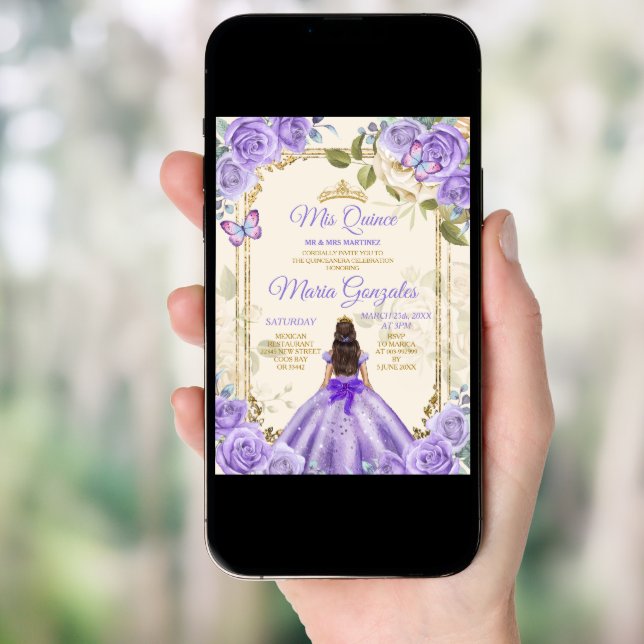Purple Mis Quince 15 Anos Butterfly Gold Crown Invitation (Front Digital)