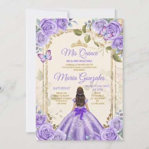 Purple Mis Quince 15 Anos Butterfly Gold Crown Invitation
