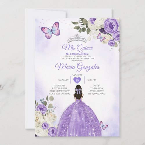 Purple Mis Quince Lavender 15 Anos Silver Crown Invitation