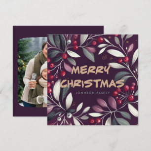 Purple mistletoe wreath Flat Holiday Card