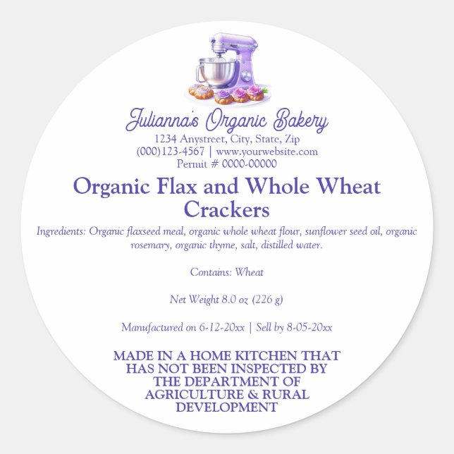 Purple Mixer Bread Bakery Food Product Label (Front)