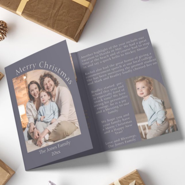 Purple Modern Arch Year in Review Family Update Tri-Fold Holiday Card (purple and cream year in review christmas card arch photo boho modern)