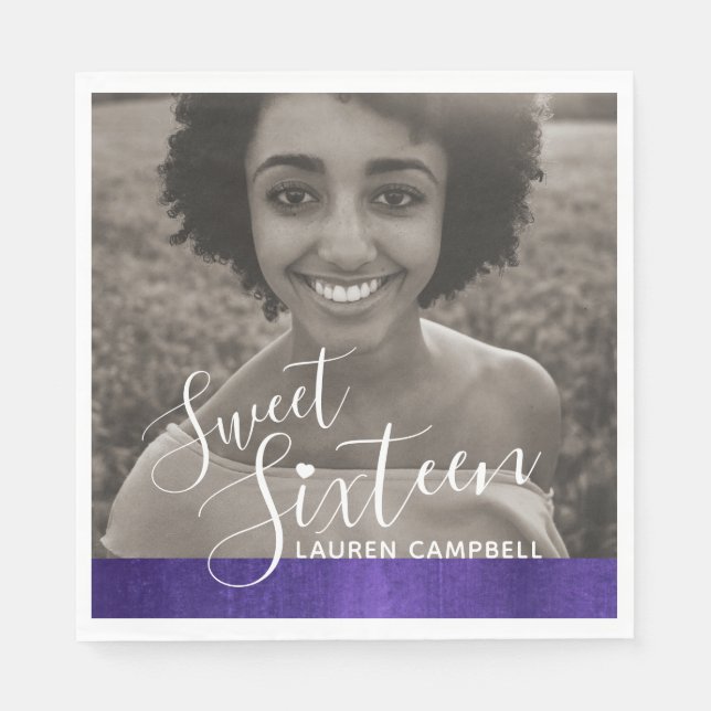 Purple modern art sweet sixteen photo template napkins (Front)