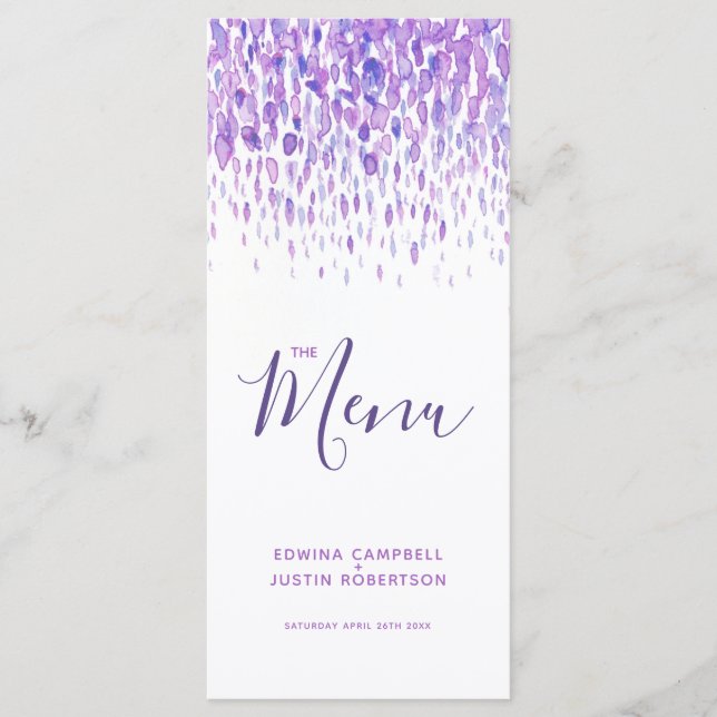 Purple modern art watercolor dab wedding menu (Front)