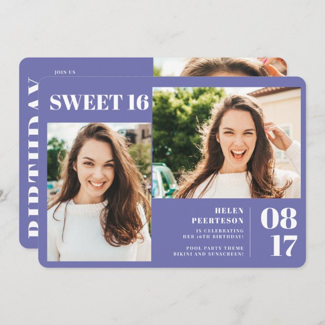 Purple modern bold 3 photos Sweet 16 birthday Invitation (Front/Back)