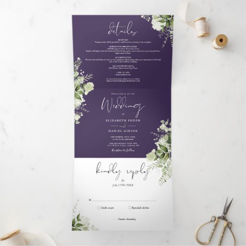 Purple Modern Botanical Greenery Photo Wedding Tri_Fold Invitation