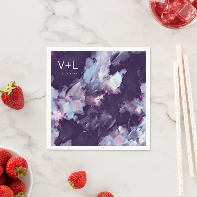 Purple Modern Brush Stroke Wedding Napkins (Insitu)