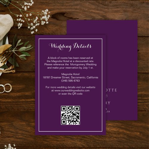 Purple Modern Callighraphy Script Wedding Details  Enclosure Card