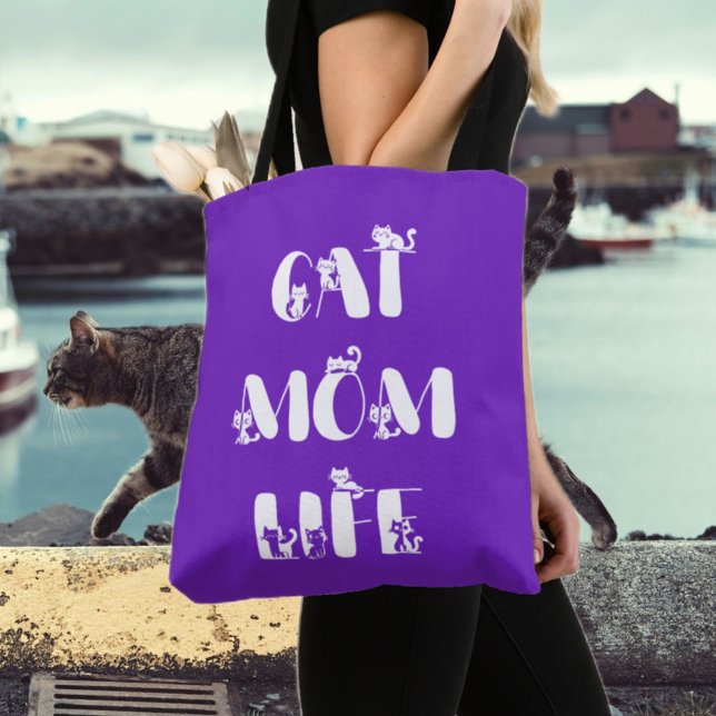 Purple Modern Cat Mom Life Cute Mother's Day  Tote Bag (Creator Uploaded)