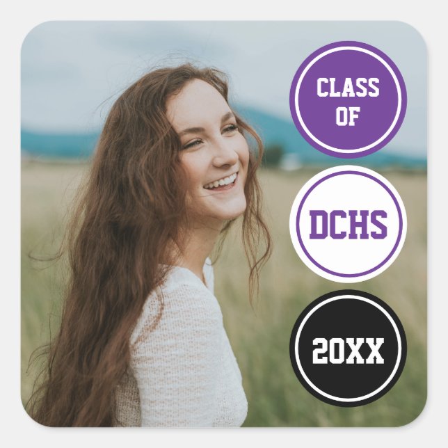 Purple Modern Circles Photo Graduation Square Sticker (Front)