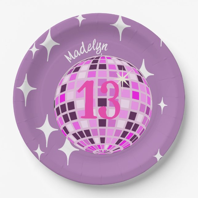 Purple Modern Disco Mirror Ball 13th Birthday Paper Plates (Front)