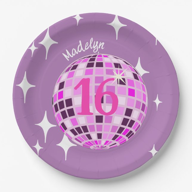 Purple Modern Disco Mirror Ball 16th Birthday Paper Plates (Front)