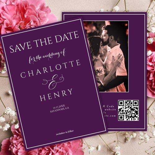 Purple Modern Elegant Calligraphy Photo QR Code  Save The Date