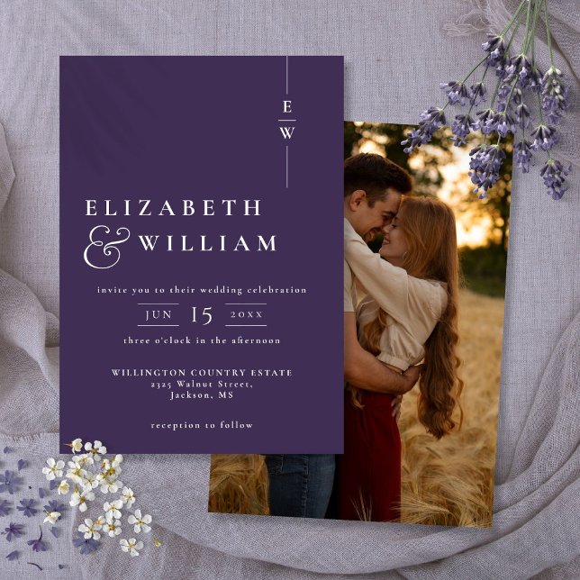 Purple Modern Elegant Monogram Photo Wedding Invitation (Purple Modern Elegant Monogram Photo Wedding Invitation)