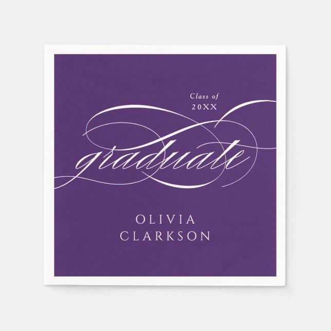 Purple Modern Elegant Script Graduation Party Napkins (Front)
