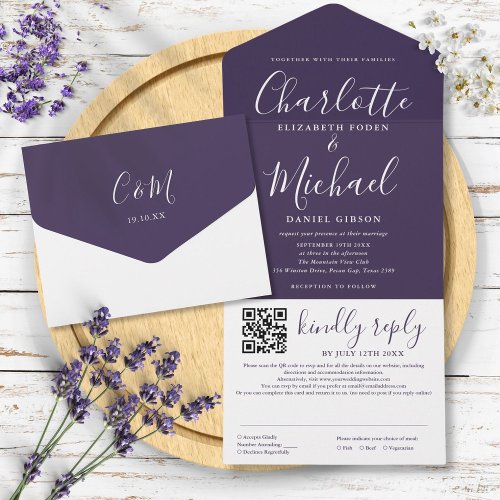 Purple Modern Elegant Script QR Code Wedding All In One Invitation