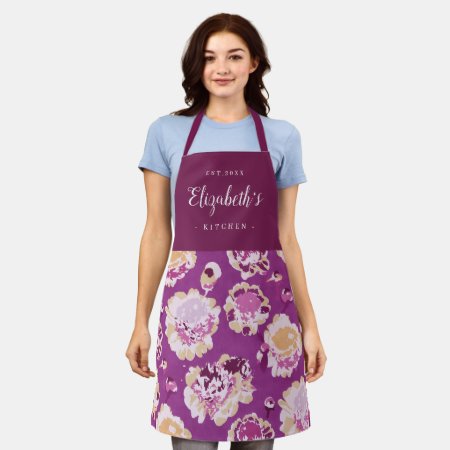 Purple Modern Floral Pattern Personalized Cooking Apron
